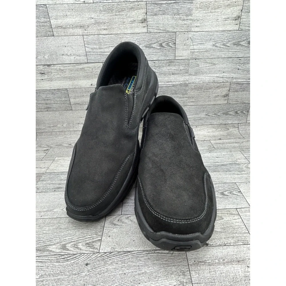 Skechers Relaxed Fit Steady Grip Men Sz 13 Black Leather Slip On‎ Shoes 204480